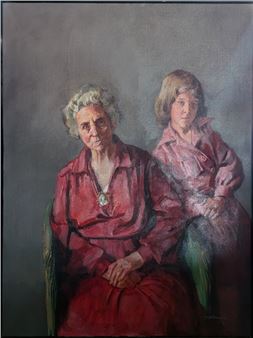 A portrait of two figures, one older and one younger, seated side by side in a muted, atmospheric setting.