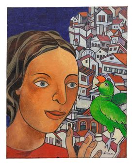A portrait of a person with a green parrot perched on their hand against a backdrop of colorful buildings.