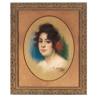 A vintage-style pastel portrait of a woman with dark hair and a red flower, framed by an ornate border.