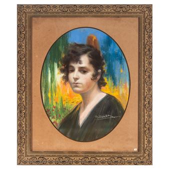 A portrait of a person with dark curly hair and a feather in their hair, set against a colorful background.