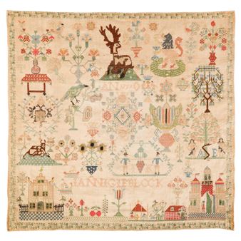 Antique 1759 Birds and Animals Schoolgirls Sampler Picture