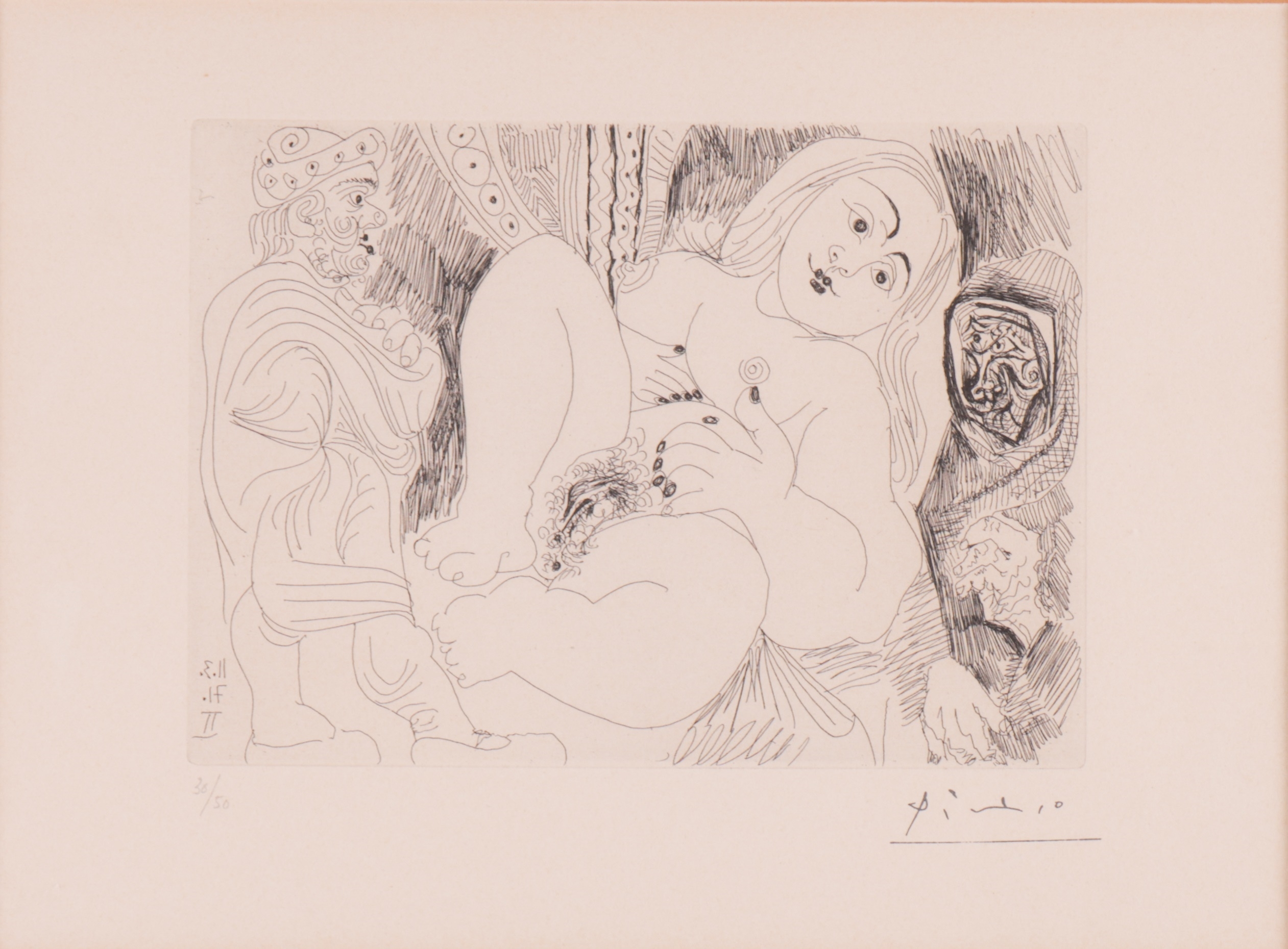 A black-and-white etching of a reclining nude figure with a seated figure to the left, rendered in expressive line work.