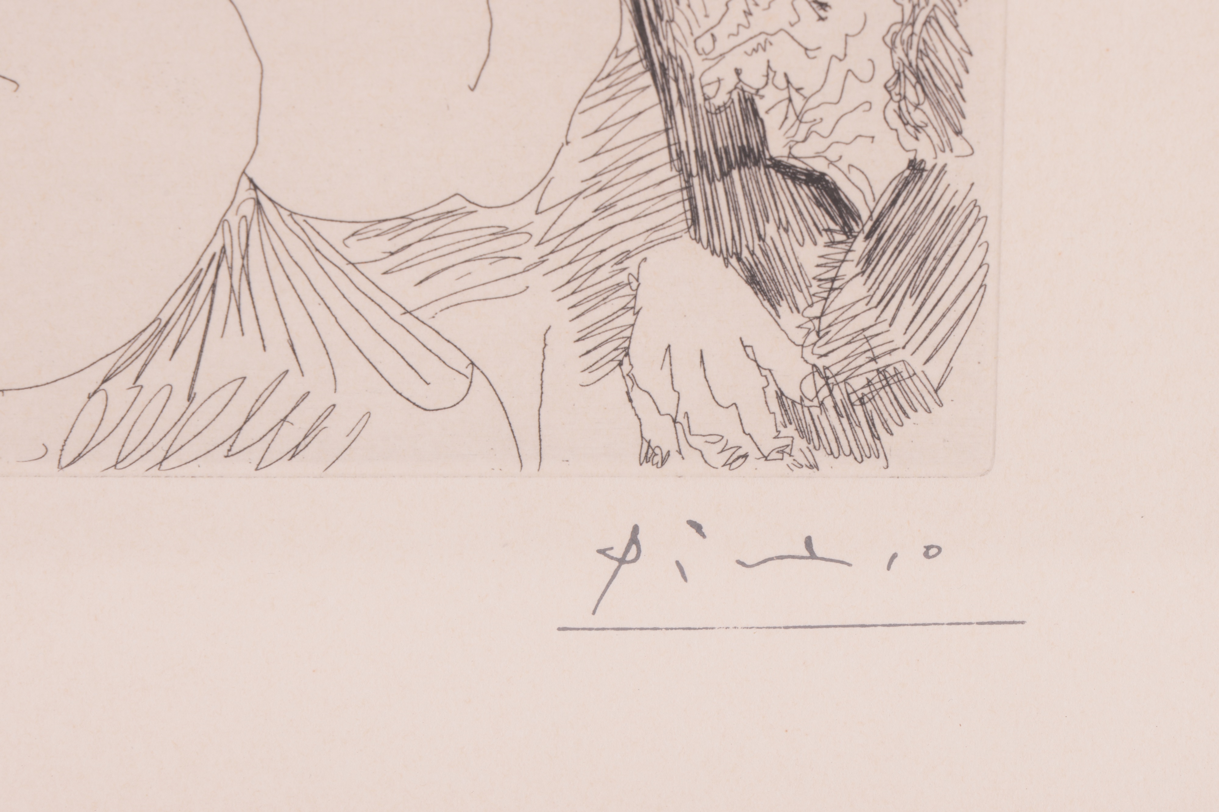 A black-and-white etching of a reclining nude figure with a seated figure to the left, rendered in expressive line work.