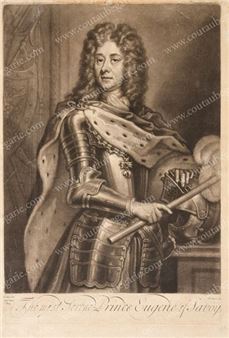 A monochromatic engraved portrait of a regal figure in armor holding a sword.