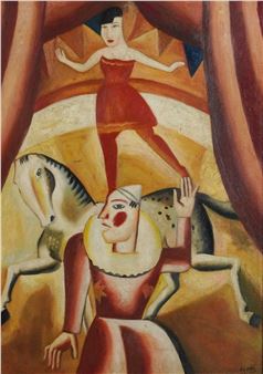 A surreal composition featuring a clown figure and a dancer on a carousel horse.