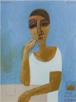 A stylized portrait of a figure with exaggerated features and a contemplative pose against a blue background.