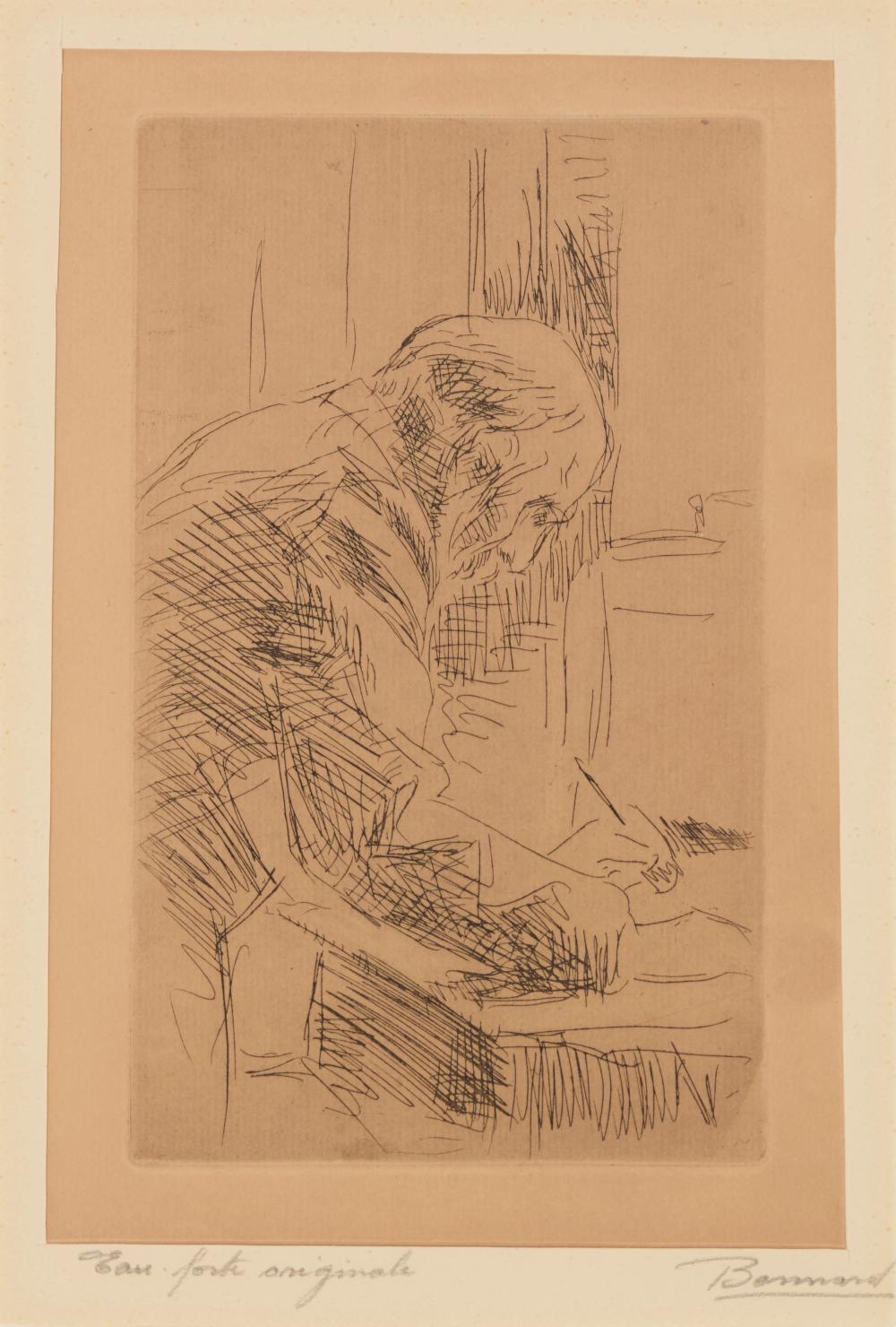A sketch of a figure writing at a desk.