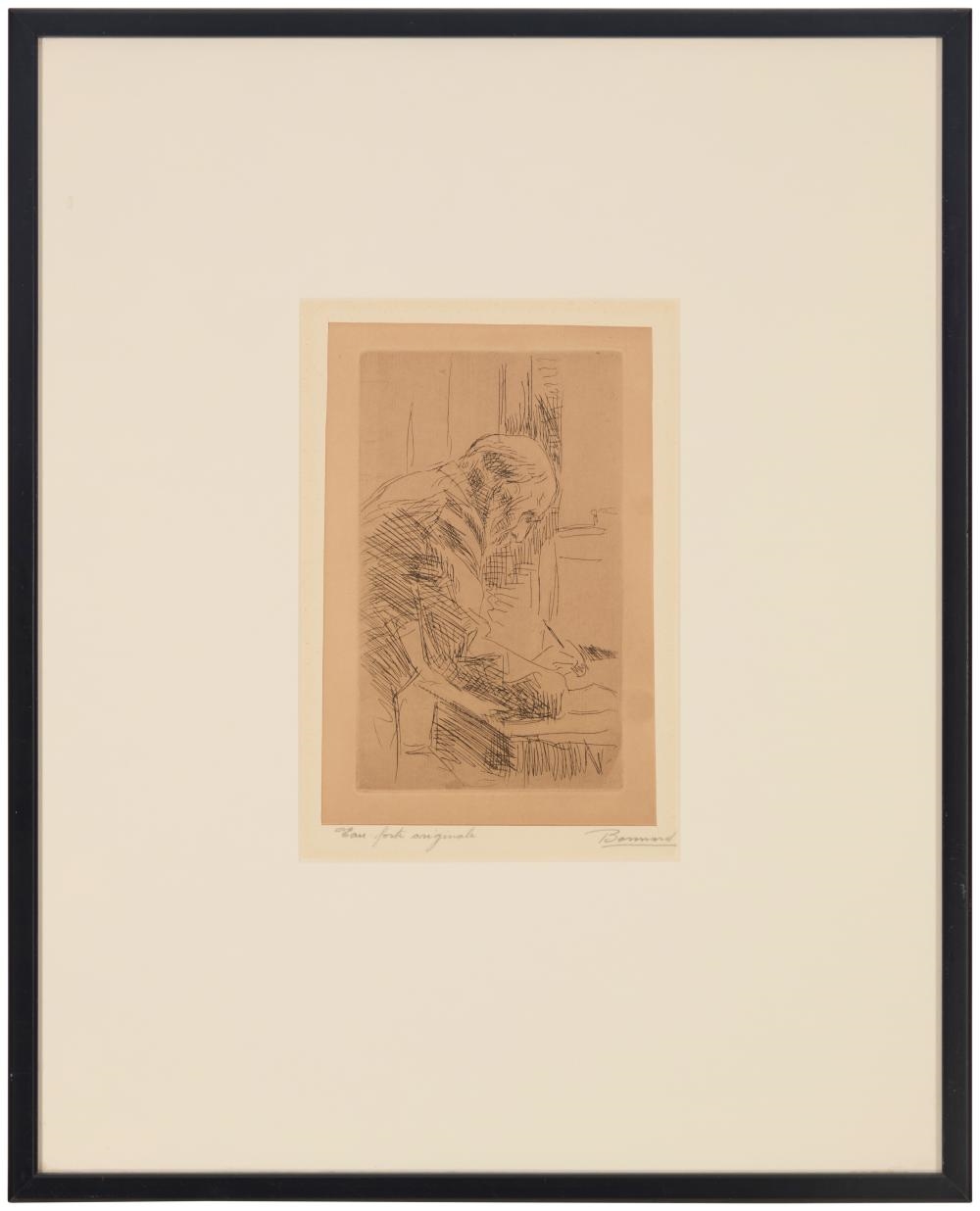 A sketch of a figure writing at a desk.