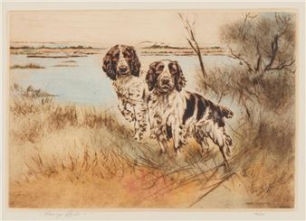 A detailed print of two speckled dogs standing in a marshy landscape.