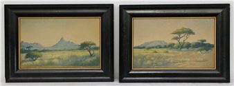A pair of framed landscape paintings depicting African savanna scenes with acacia trees and distant mountains.