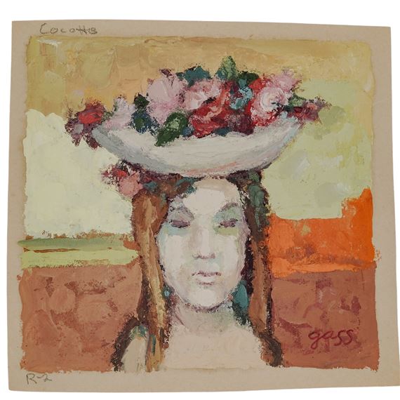 A portrait of a figure wearing a large floral hat against a warm, abstract background.