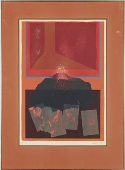 A geometric composition featuring a red room, a dark mound, and scattered cards.