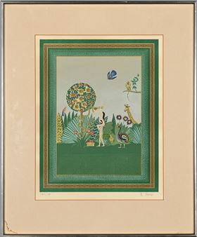 A whimsical framed print depicting a stylized jungle scene with a giraffe, peacock, and human figure amidst lush foliage.
