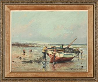 A coastal scene captures fishermen hauling a boat onto the shore.
