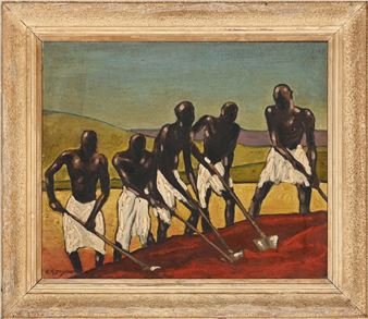A group of five figures in white wraps work together with shovels against a red earthy foreground.