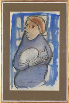 A sketch of a figure in blue holding a white cat against a blue window background.