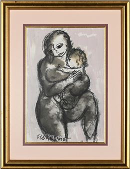 A charcoal drawing of a nude figure holding a small child, framed in gold.