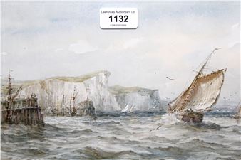 A seascape painting featuring a large sailing ship, rocky cliffs, and turbulent waters.