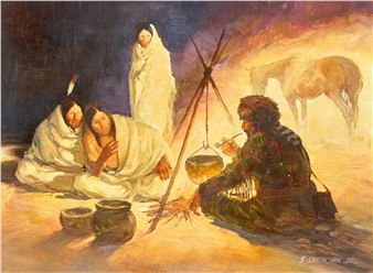 A dramatic painting of a group of figures gathered around a fire in a vast, open landscape.