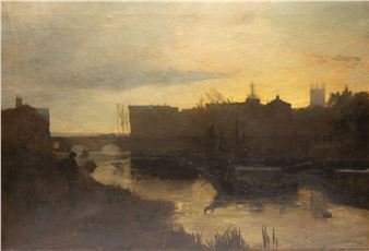 A moody river scene at twilight featuring a bridge, buildings, and figures near the water.