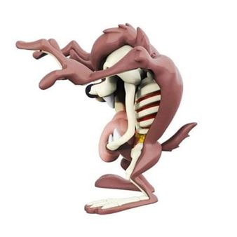 A stylized figure of a coyote-like character in a dynamic pose with visible internal anatomy.