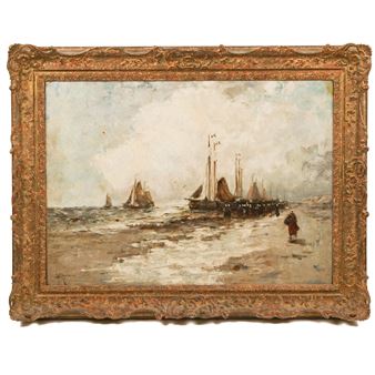 A seascape painting in a gilded frame depicting boats on a beach under an overcast sky.