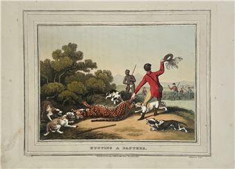A historical print depicting a man in red celebrating the hunt of a spotted feline by dogs.