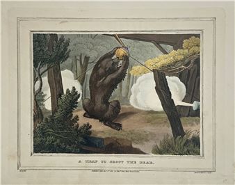 A wood engraving illustration depicting a bear caught in a trap within a forest setting.
