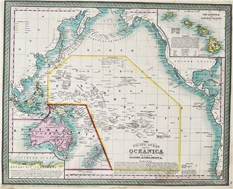 A vintage-style cartographic print of the Pacific Ocean region featuring a yellow boundary line and an inset map.