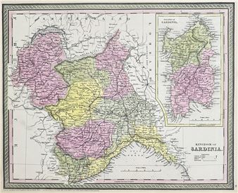 A vintage-style map of a peninsula region with an inset showing a smaller island, rendered in soft pastel colors.
