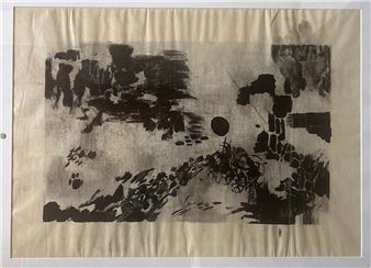 An abstract ink study featuring bold black marks on a textured beige paper.