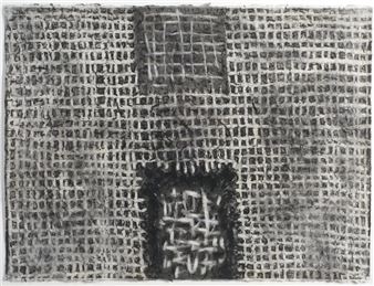 A monochromatic abstract composition featuring a central dark figure surrounded by a grid of small, repetitive marks.