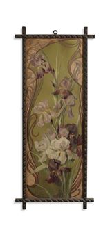 An elegant vertical scroll featuring a bouquet of irises against an ornate, flowing background.