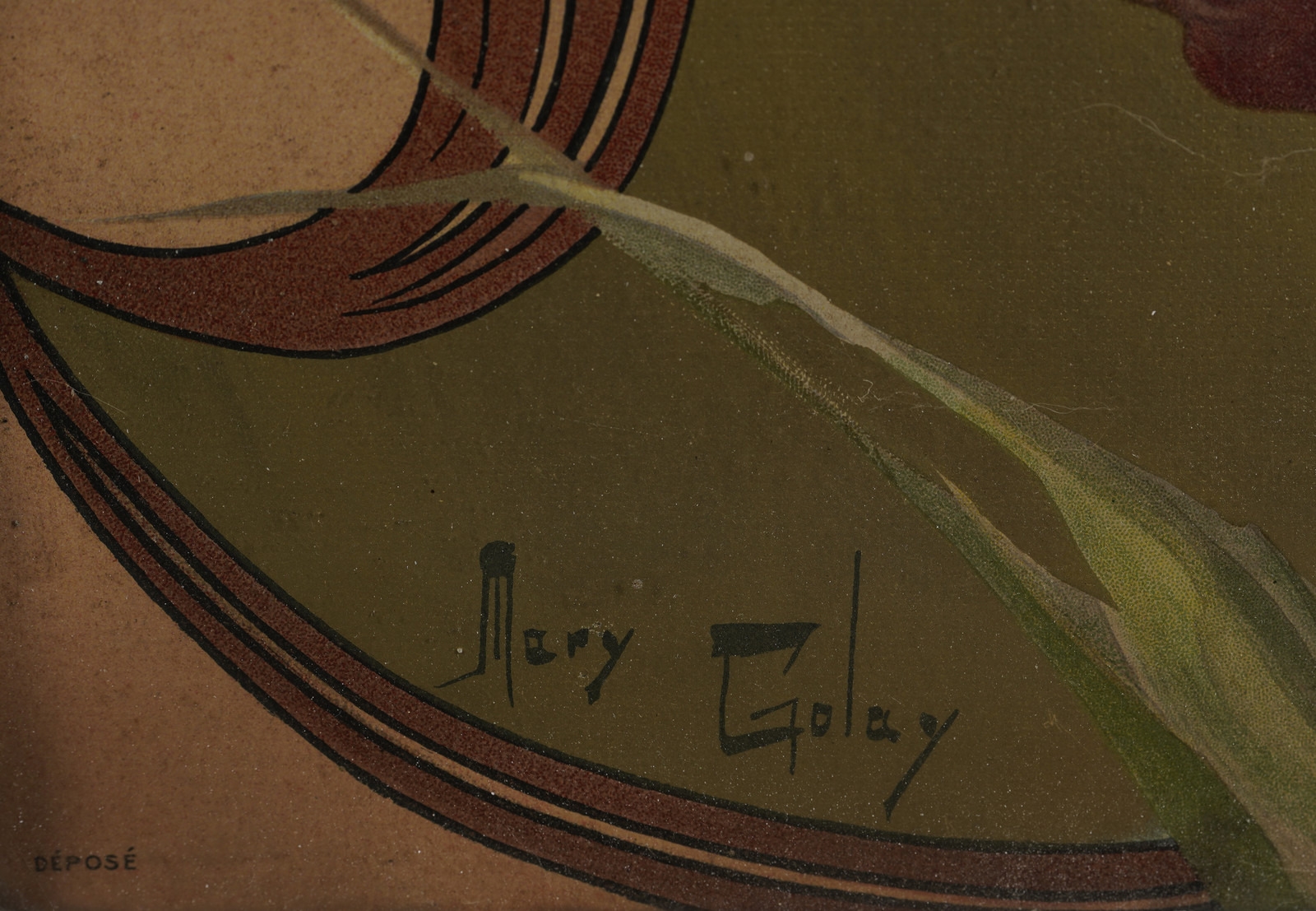 An elegant vertical scroll featuring a bouquet of irises against an ornate, flowing background.