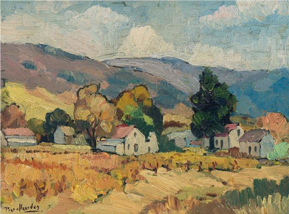 A vibrant landscape painting of a rural village nestled in rolling hills.