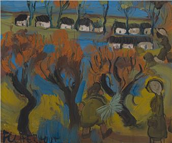 A vibrant, expressionist landscape painting featuring a rural village scene with bold colors and stylized figures.