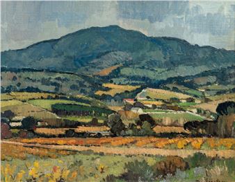 A landscape painting of rolling hills and a distant mountain under a cloudy sky.