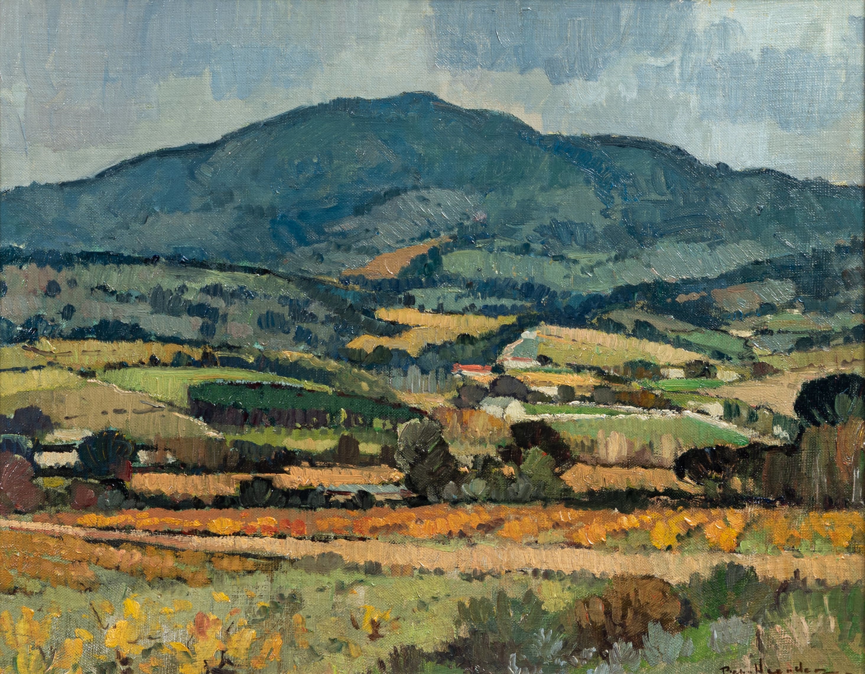 Artwork by Piet van Heerden, Farm Landscape with Distant Mountains, Made of Oil on canvas laid down on board