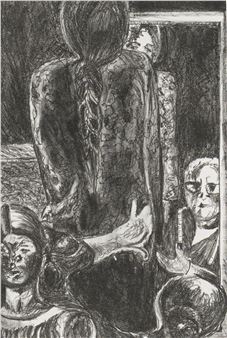 A dramatic charcoal drawing of a shadowed figure with three distinct faces surrounding them.
