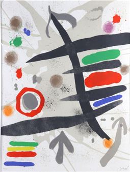 An abstract composition featuring bold black strokes, colorful horizontal bands, and scattered splatters on a light background.