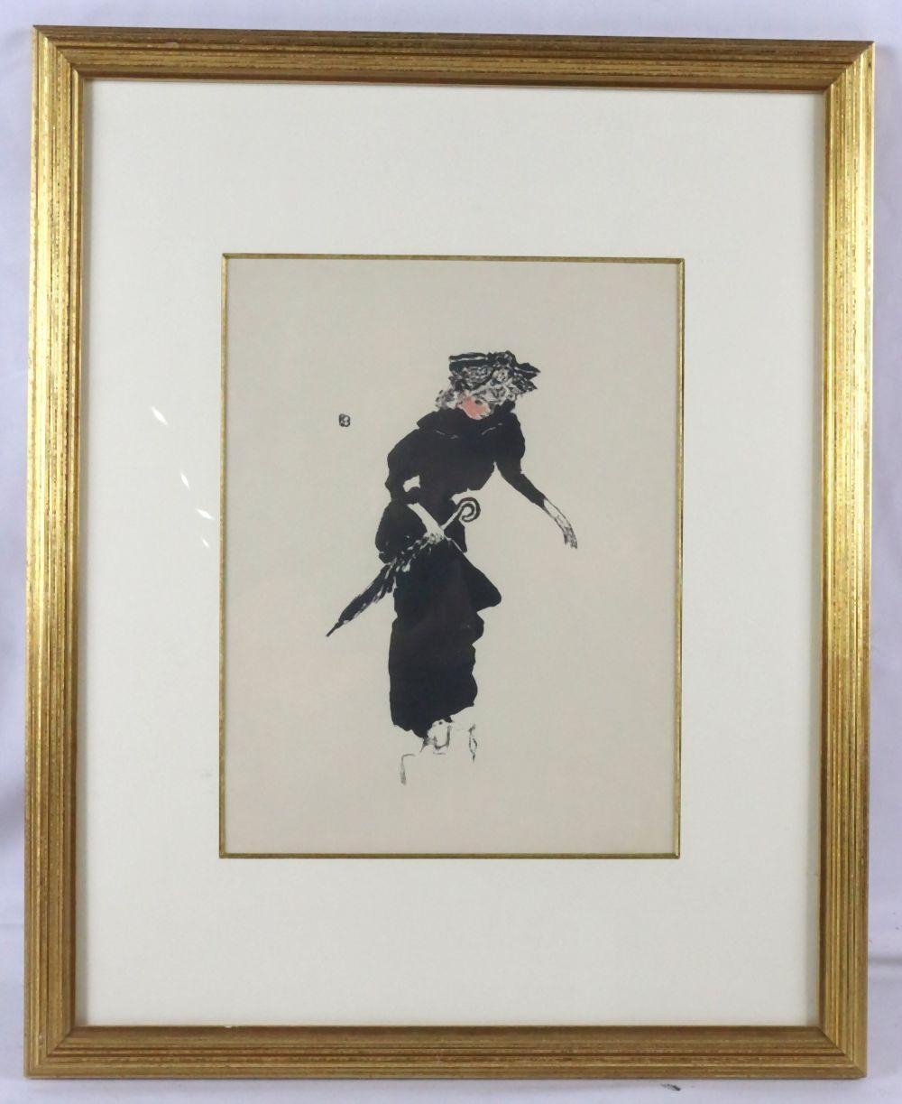 A dynamic ink drawing of a woman in a black dress holding an umbrella, captured mid-stride against a plain background.