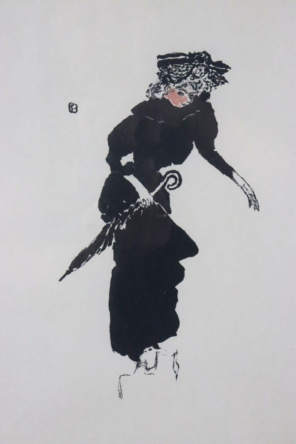 A dynamic ink drawing of a woman in a black dress holding an umbrella, captured mid-stride against a plain background.
