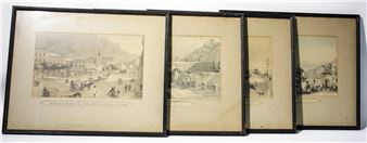 A set of four framed etchings depicting European townscapes with figures and architecture.