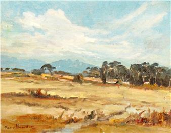 A painterly landscape of a sunlit valley with distant hills and scattered trees.