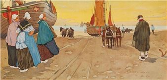 A watercolor scene of a coastal beach with figures, horses, and boats under a warm yellow sky.