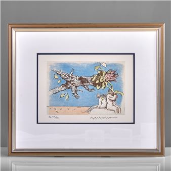 A framed print of a surreal scene featuring two figures and a floating tree against a blue sky.