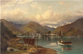 A serene coastal landscape featuring a small boat, drying fish on a shore, and distant ships under a cloudy sky.