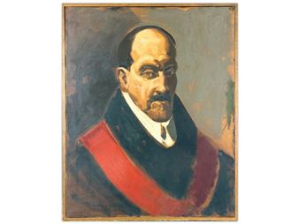 A formal portrait of a bald man with a mustache, wearing a dark robe with a red sash and a white collar.