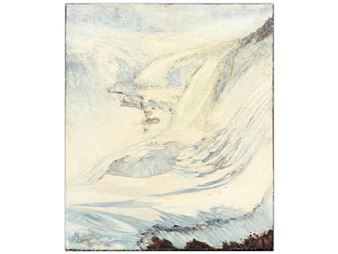 A sketch of a snowy mountain landscape with soft, layered strokes.