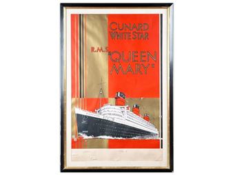 A vintage travel poster featuring a large ocean liner against a bold red and gold background.